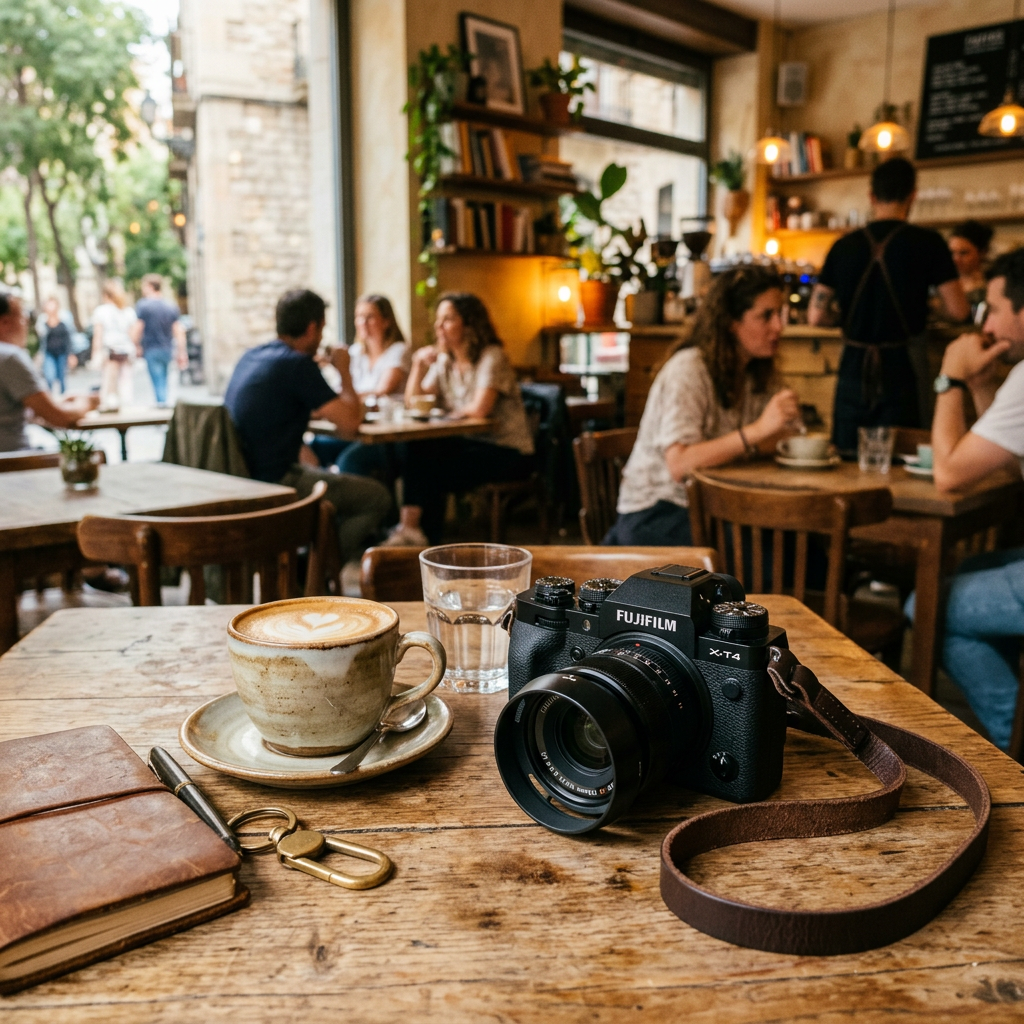 Fujifilm X-T4 camera with leather strap on wooden table next to latte, water glass, and notebook.